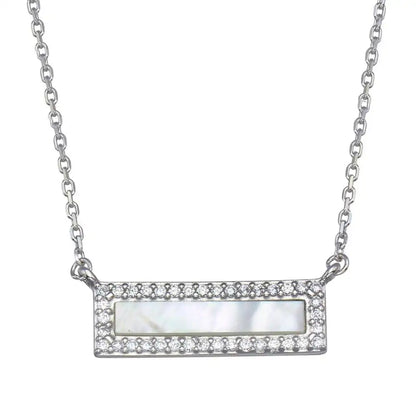 925 Sterling Silver Rhodium Plated Mother Of Pearl Halo Bar Necklace