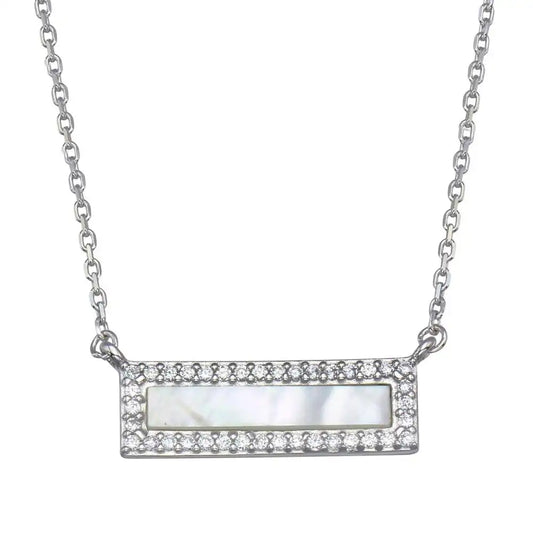 925 Sterling Silver Rhodium Plated Mother Of Pearl Halo Bar Necklace