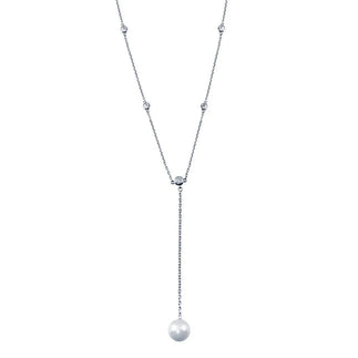 925 Sterling Silver Rhodium Plated CZ By The Yard Necklace with drop Mother of Pearl