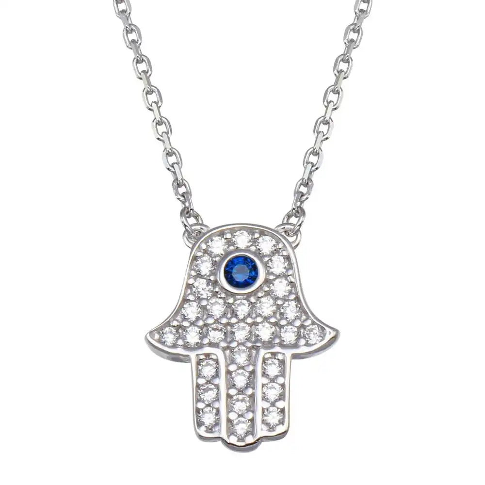 925 Sterling Silver Rhodium Plated CZ Hamsa Necklace