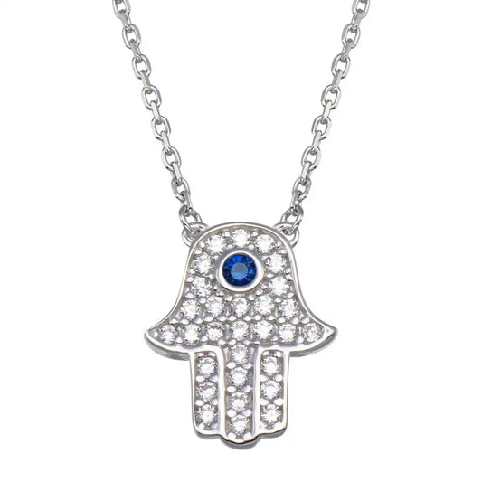 925 Sterling Silver Rhodium Plated CZ Hamsa Necklace
