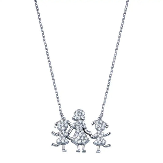 925 Sterling Silver Rhodium Plated CZ Mother and Daughters Clear CZ Necklace