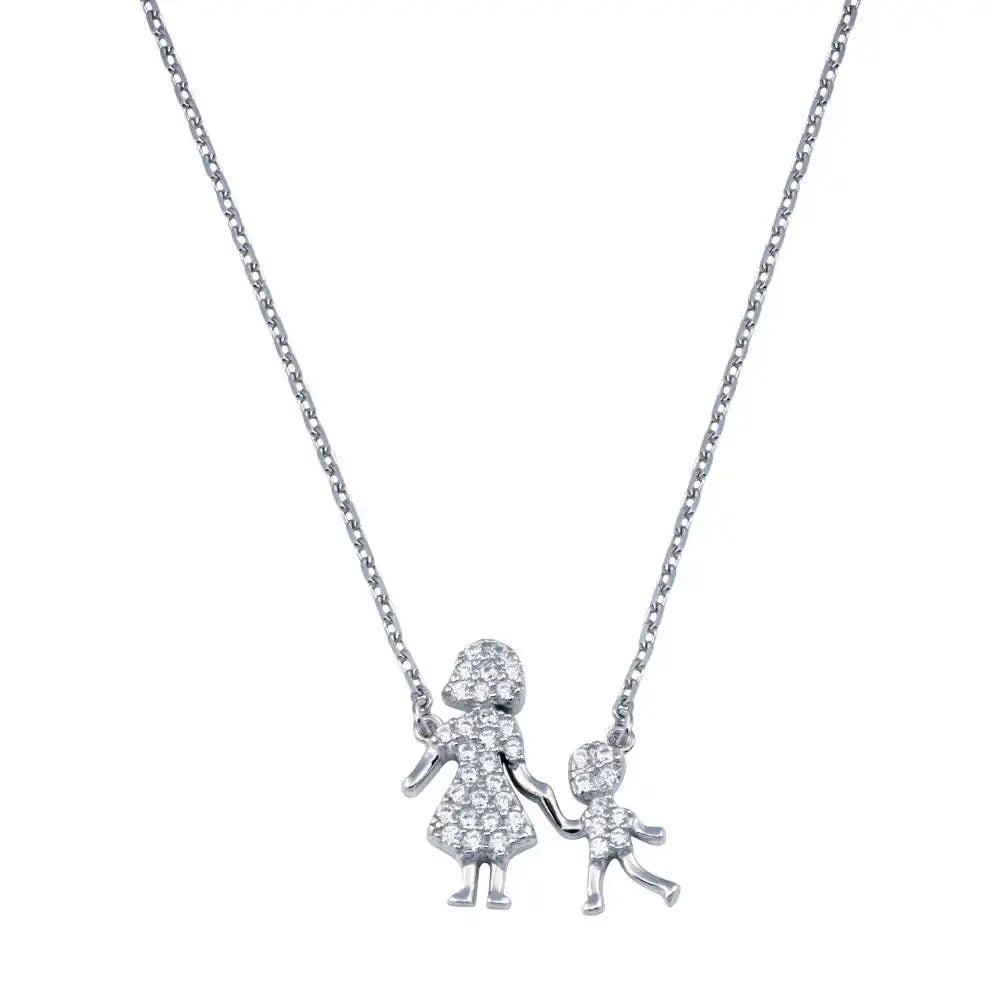 925 Sterling Silver Rhodium Plated CZ Mother and Son Clear CZ Necklace
