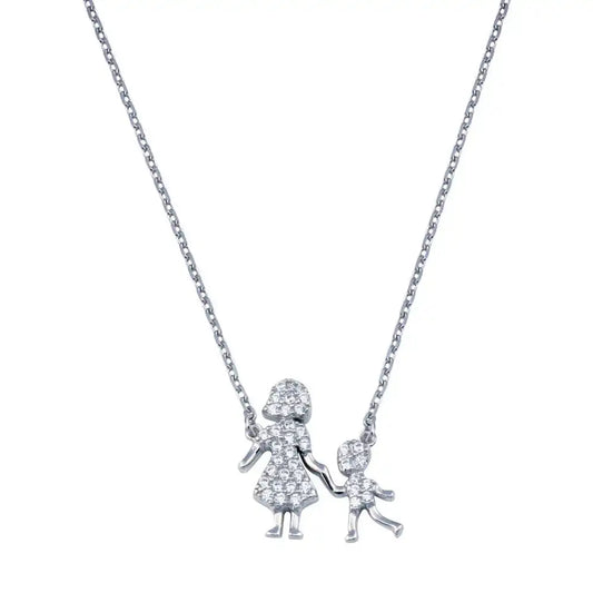 925 Sterling Silver Rhodium Plated CZ Mother and Son Clear CZ Necklace