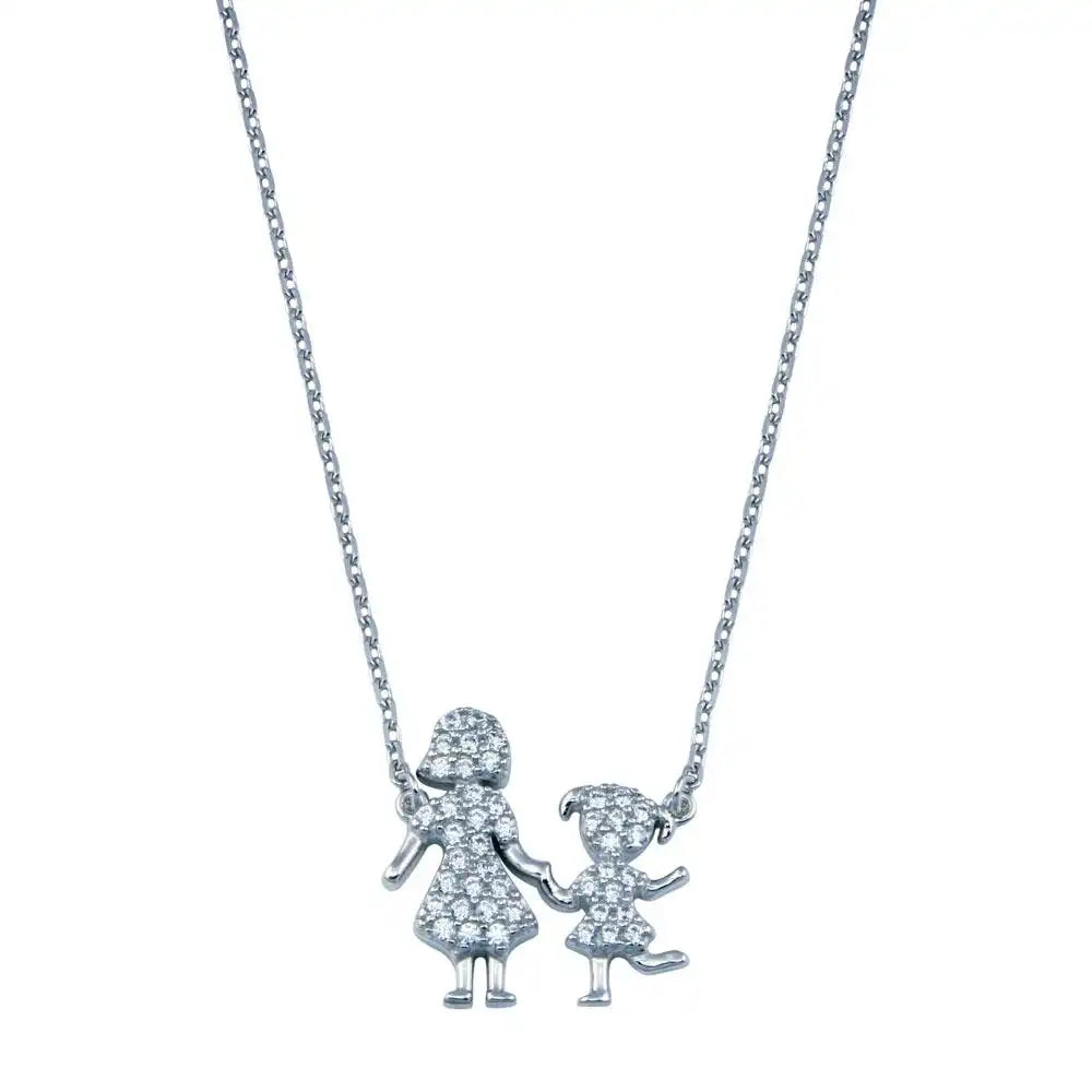 925 Sterling Silver Rhodium Plated CZ Mother and Daughter Clear CZ Necklace