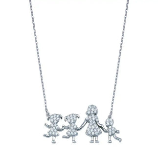 925 Sterling Silver Rhodium Plated CZ Mother Two Daughters and Son Clear CZ Necklace