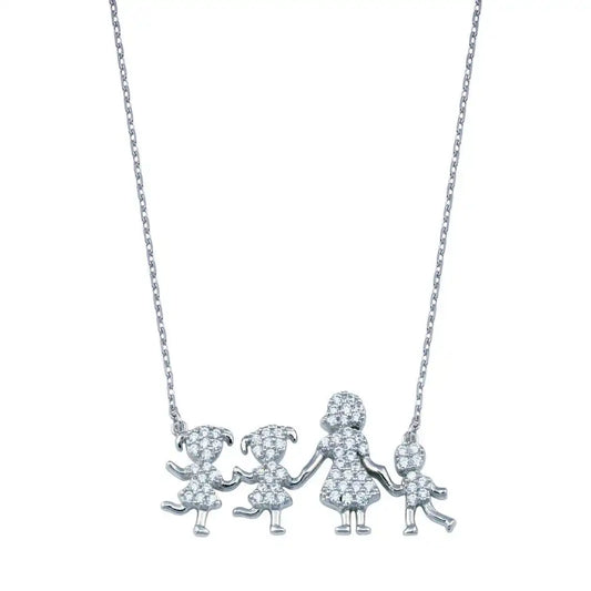 925 Sterling Silver Rhodium Plated CZ Mother Two Daughters and Son Clear CZ Necklace