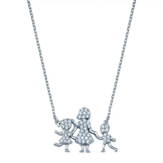 925 Sterling Silver Rhodium Plated CZ Mother Daughter and Son Clear CZ Necklace