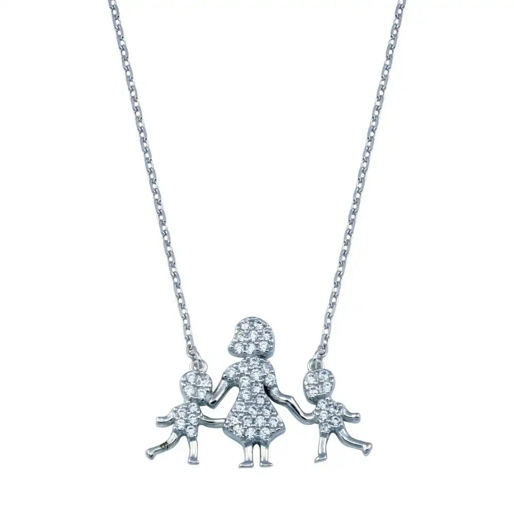 925 Sterling Silver Rhodium Plated CZ Mother and Two Sons Clear CZ Necklace