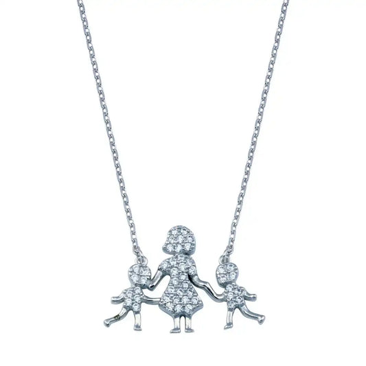 925 Sterling Silver Rhodium Plated CZ Mother and Two Sons Clear CZ Necklace