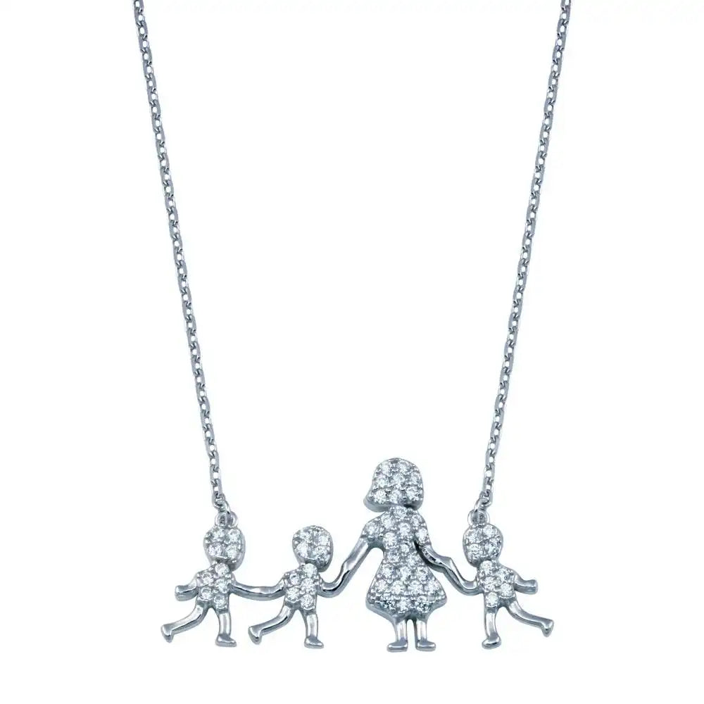925 Sterling Silver Rhodium Plated CZ Mother and Three Sons Clear CZ Necklace