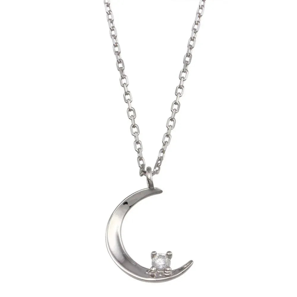 925 Sterling Silver Rhodium Plated Crescent CZ Necklace
