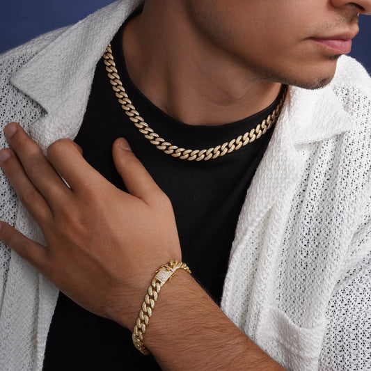 925 Sterling Silver Gold Plated 9.5mm Miami Curb CZ Chain and Bracelet