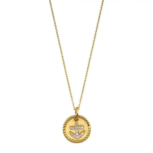 925 Sterling Silver Gold Plated CZ Round Anchor Necklace