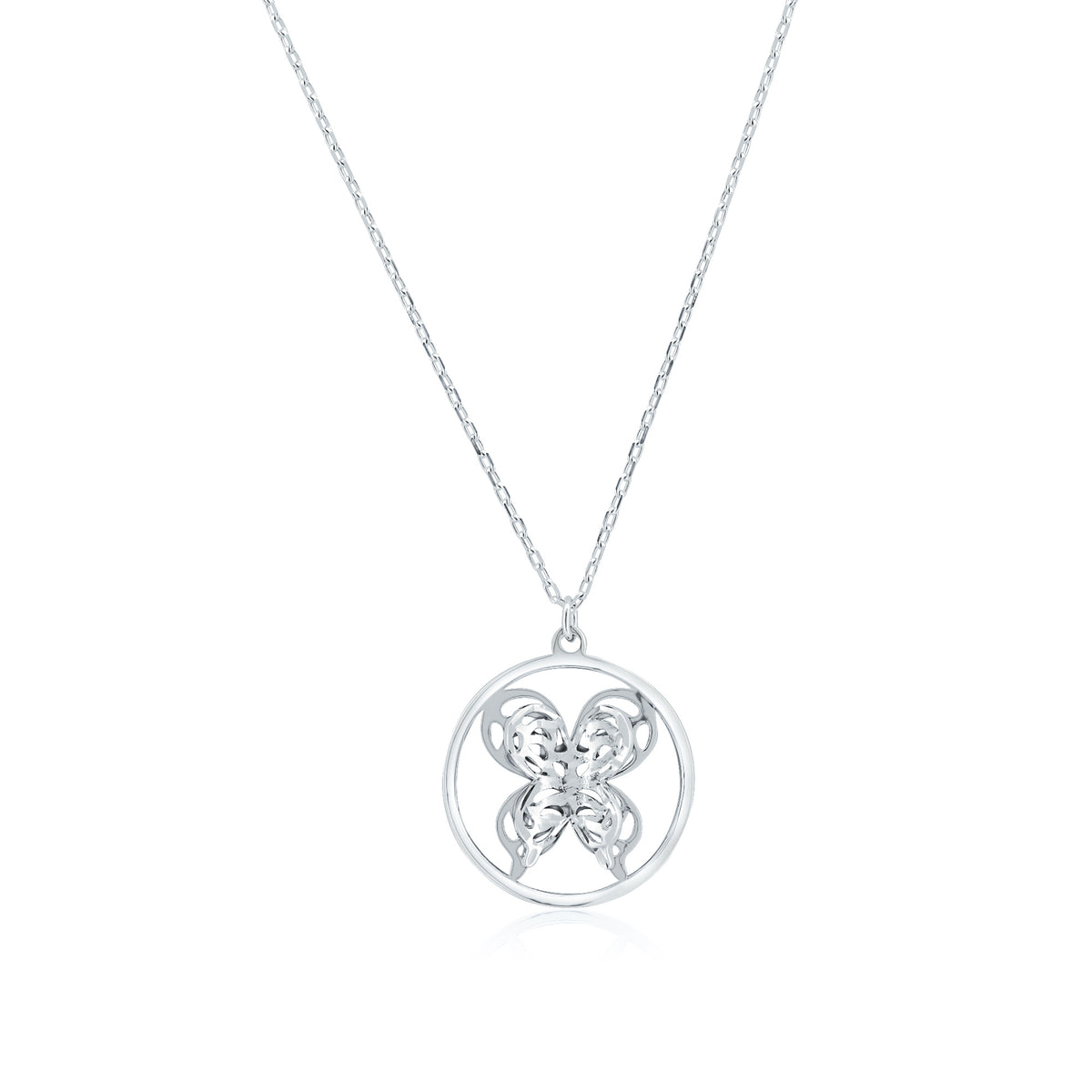925 Sterling Silver Rhodium Plated Diamond Cut 3D Butterfly Round Pendant Necklace