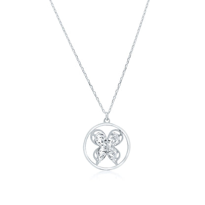 925 Sterling Silver Rhodium Plated Diamond Cut 3D Butterfly Round Pendant Necklace