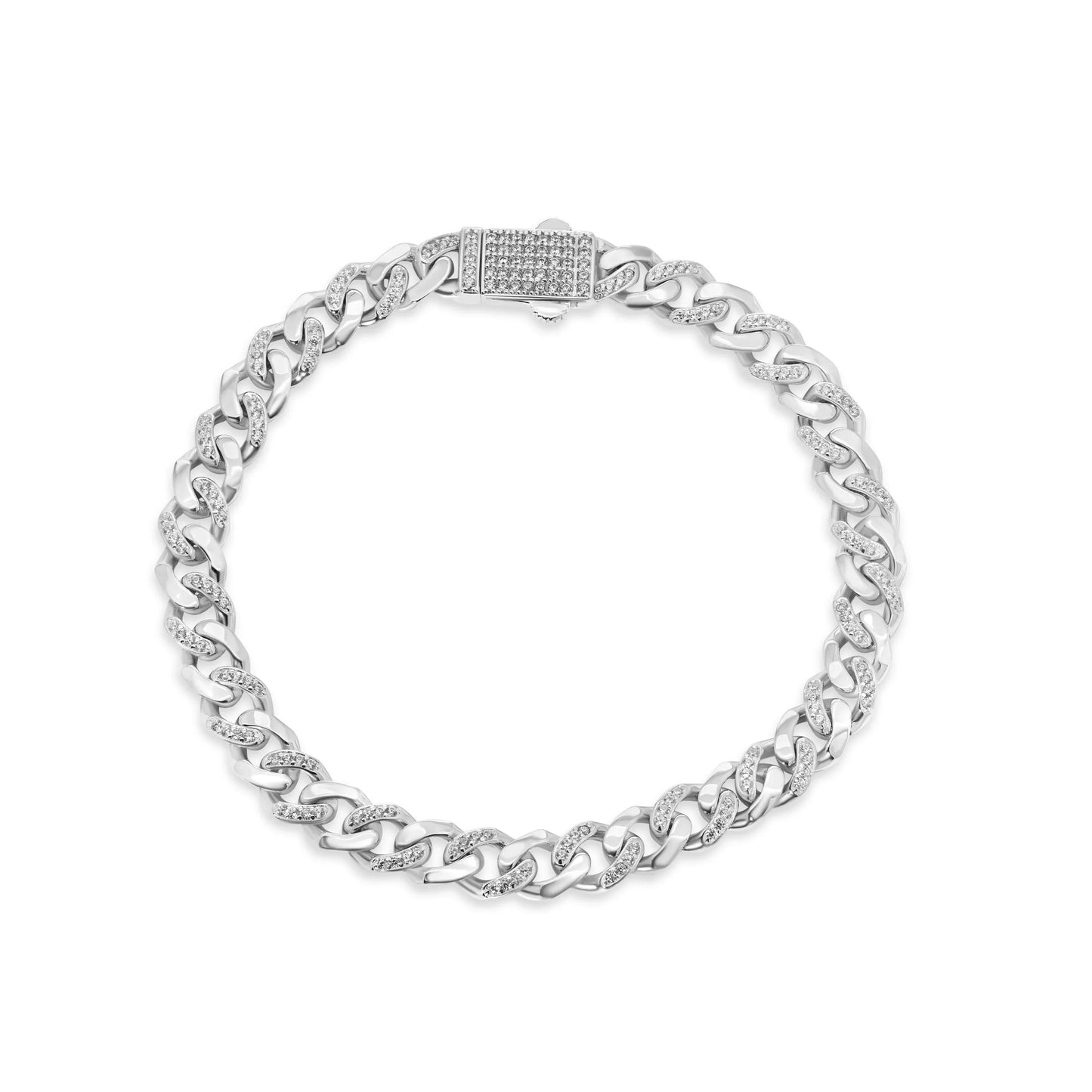 925 Sterling Silver Rhodium Plated Miami Cuban Half Link Studded Clear CZ 6.9mm Necklace or Bracelet