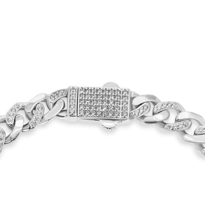 925 Sterling Silver Rhodium Plated Miami Cuban Half Link Studded Clear CZ 6.9mm Necklace or Bracelet
