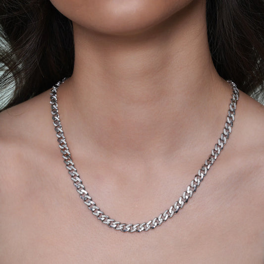 925 Sterling Silver Rhodium Plated Miami Cuban Half Link Studded Clear CZ 6.9mm Necklace or Bracelet