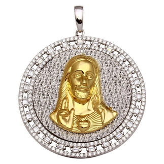 925 Sterling Silver Two-Tone Round Jesus Pendant Necklace **Pendant Only**
