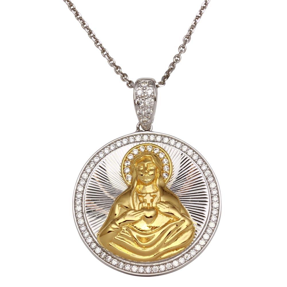 925 Sterling Silver Two-Tone Round Virgin Mary Pendant Necklace with CZ