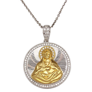 925 Sterling Silver Two-Tone Round Virgin Mary Pendant Necklace with CZ