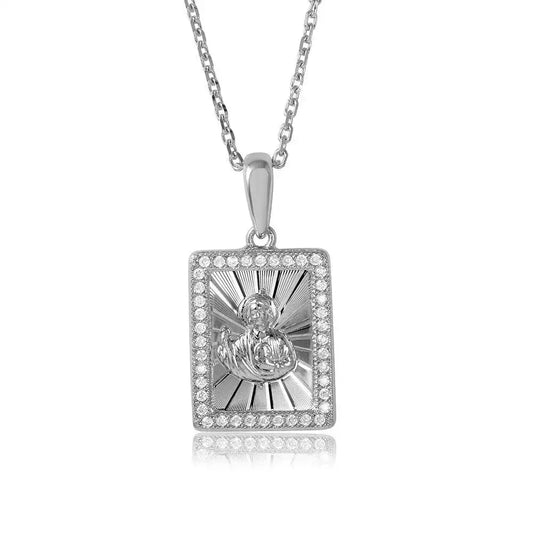 925 Sterling Silver Rhodium Plated Rectangle CZ Jesus Medallion with Chain