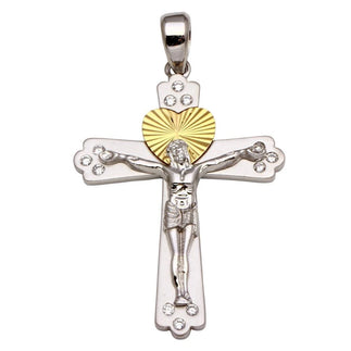925 Sterling Silver Two-Tone Crucifix Heart Pendant with CZ **Pendant Only**