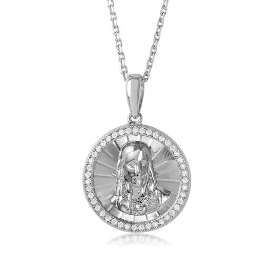 925 Sterling Silver Rhodium Plated Diamond Cut CZ Jesus Medallion with Chain