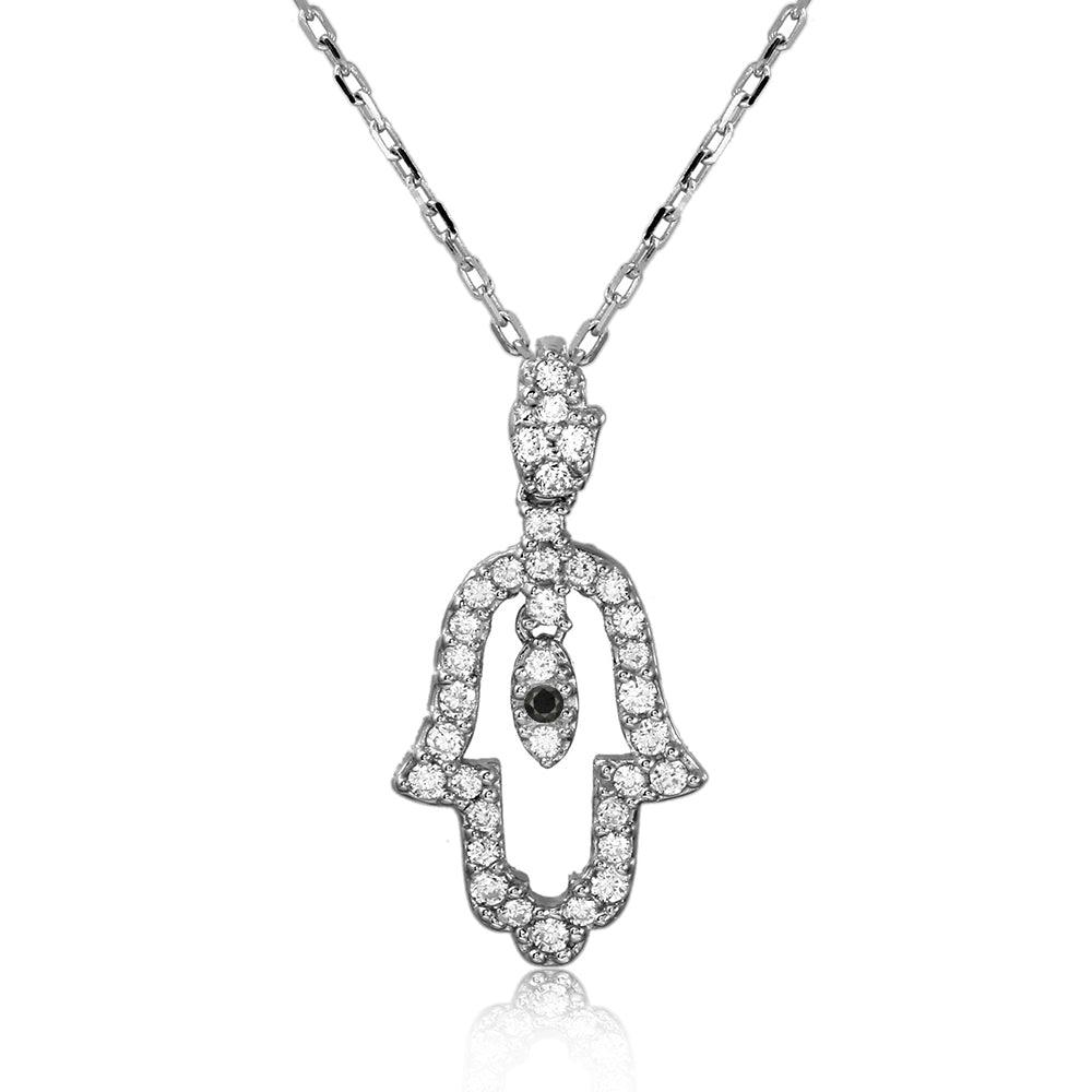 925 Silver Rhodium Plated Open Hamsa CZ Necklace