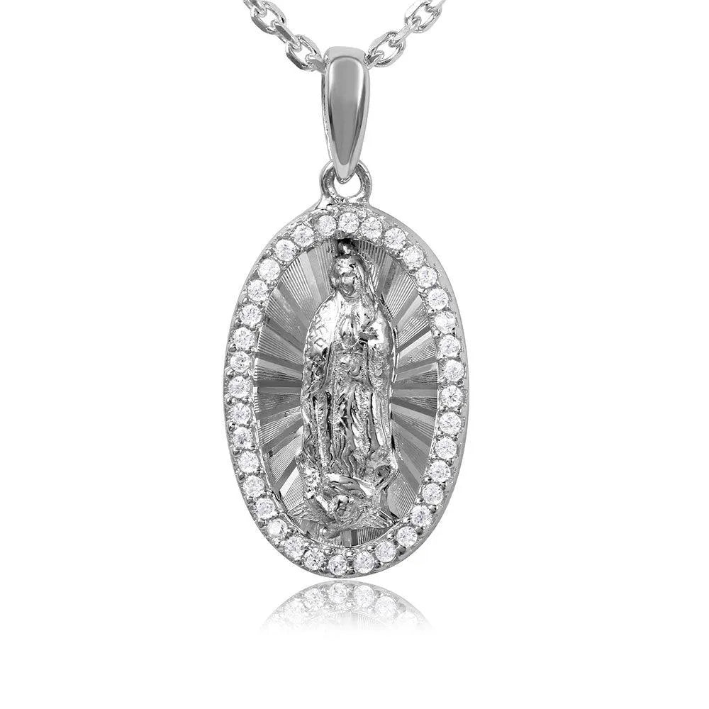 925 Sterling Silver Rhodium Plated Oval CZ Frame Medallion with Chain