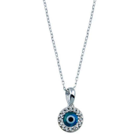 925 Sterling Silver  Rhodium Plated Round Evil Eye Necklace