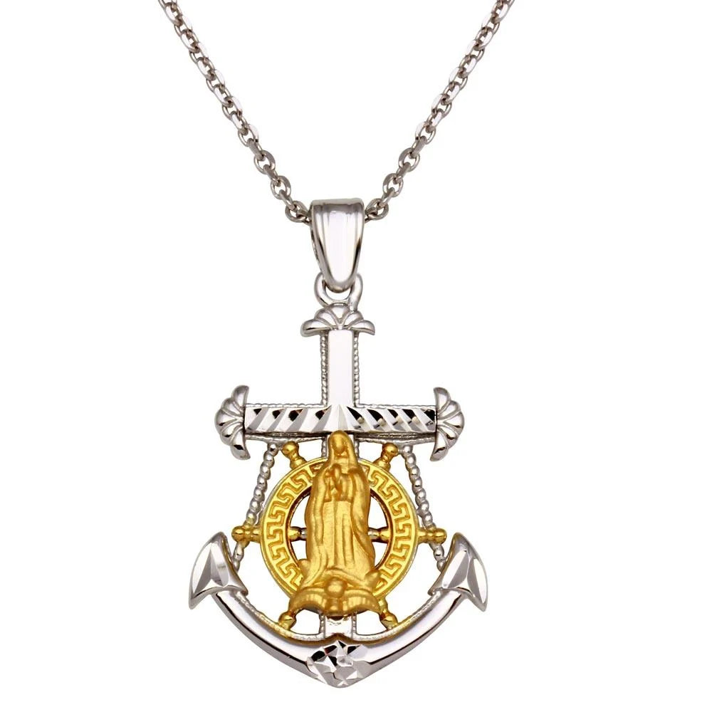 925 Sterling Silver Two-Tone Virgin Mary Anchor Pendant Necklace