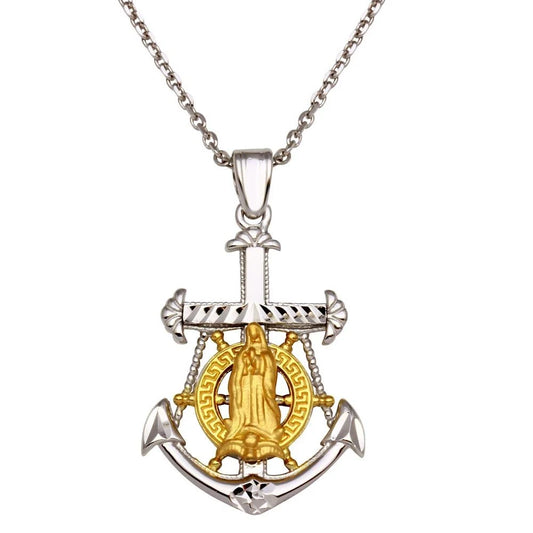 925 Sterling Silver Two-Tone Virgin Mary Anchor Pendant Necklace