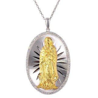 925 Sterling Silver Two-Tone Large Virgin Mary Medallion Necklace with CZ