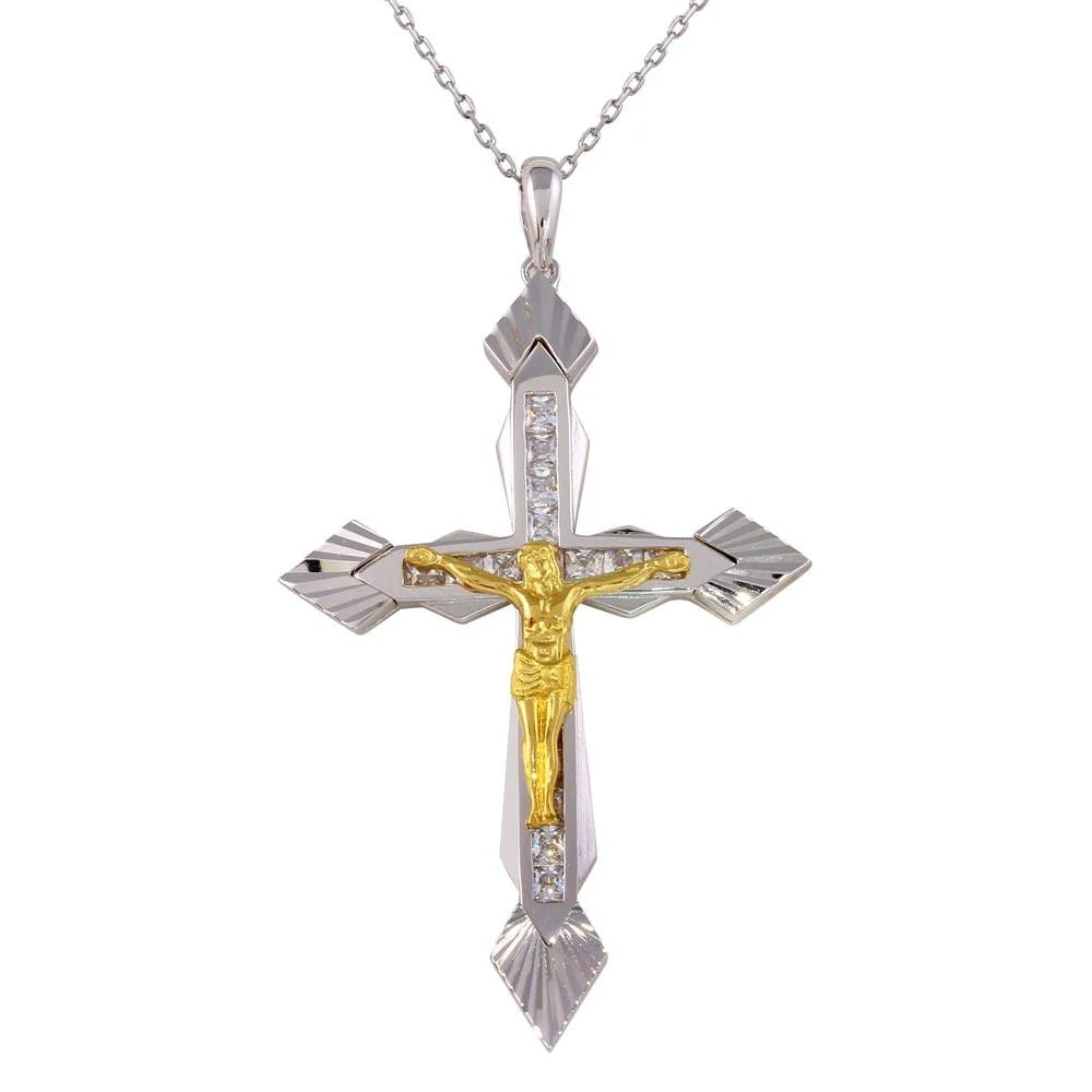 925 Sterling Silver Two-Tone CZ Crucifix Necklace