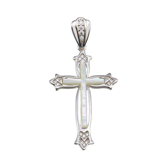 925 Sterling Silver Rhodium Plated Mother of Pearl CZ Fleury Cross Pendant
