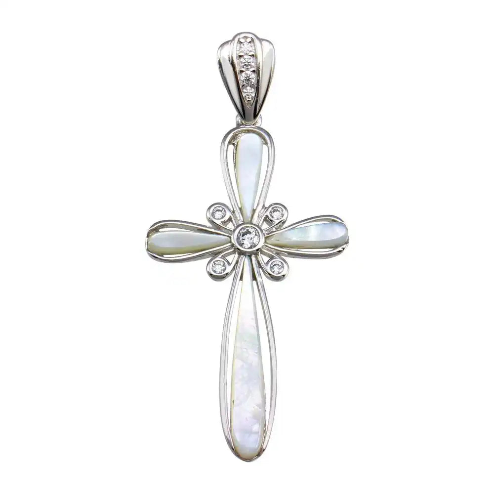925 Sterling Silver Rhodium Plated Mother of Pearl CZ Flower Center Cross Pendant