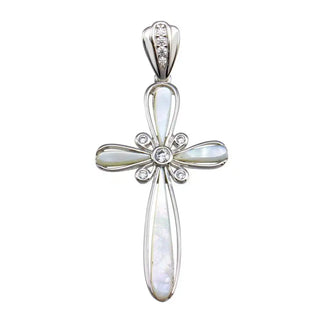 925 Sterling Silver Rhodium Plated Mother of Pearl CZ Flower Center Cross Pendant