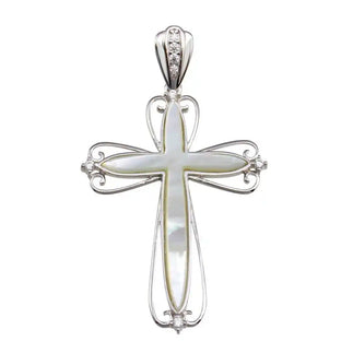 925 Sterling Silver Rhodium Plated Mother of Pearl CZ Cross Pendant