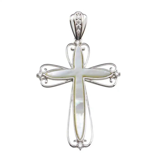 925 Sterling Silver Rhodium Plated Mother of Pearl CZ Cross Pendant