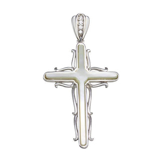 925 Sterling Silver Rhodium Plated Mother of Pearl CZ Cross Wave Side Pendant