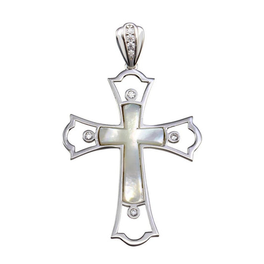 925 Sterling Silver Rhodium Plated Mother of Pearl CZ Cross Pendant