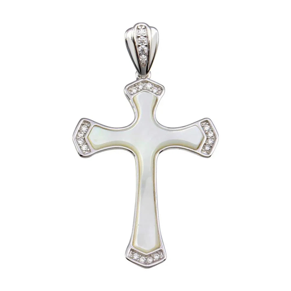 925 Sterling Silver Rhodium Plated Mother of Pearl CZ Corner Cross Pendant