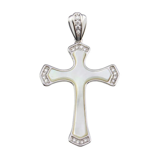 925 Sterling Silver Rhodium Plated Mother of Pearl CZ Corner Cross Pendant
