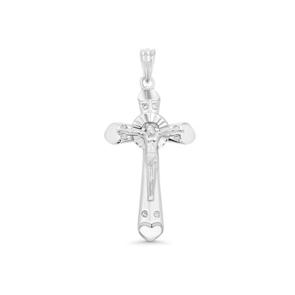925 Sterling Silver Rhodium Plated Plated Heart Edge Cross Pendant