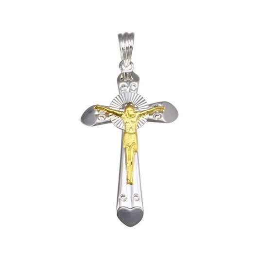 925 Sterling Silver Two-Tone Plated Heart Edge Cross Pendant
