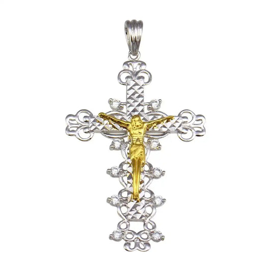 925 Sterling Silver Two-Tone Plated CZ Cross Pendant