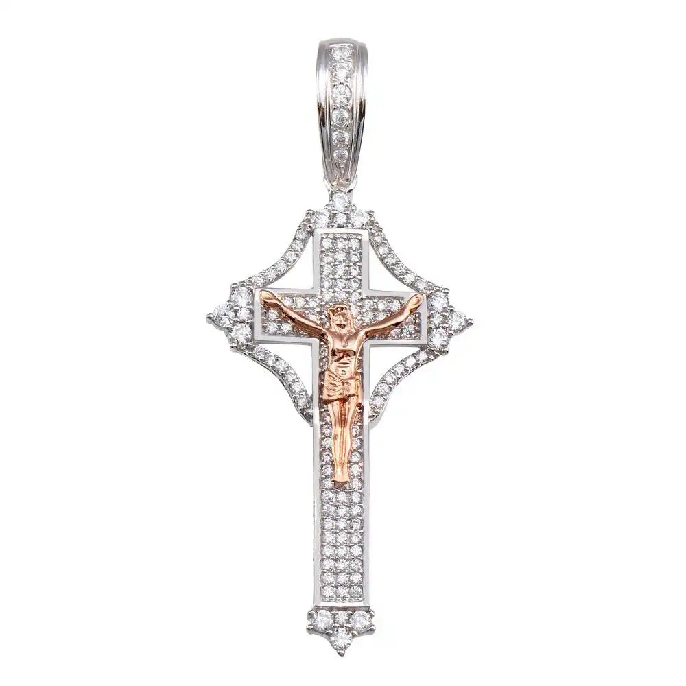 925 Sterling Silver Two-Tone Plated Center CZ Cross Pendant