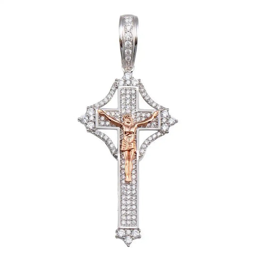 925 Sterling Silver Two-Tone Plated Center CZ Cross Pendant